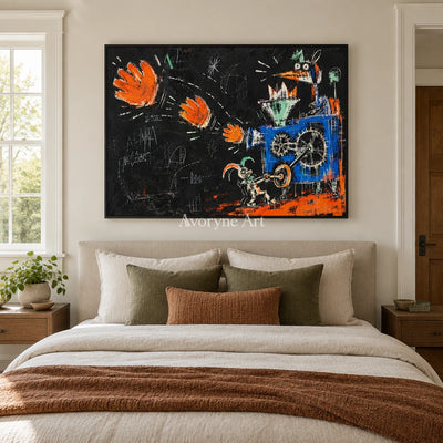 Open Horizon graffiti figure wall art with a black frame above a bed in a bedroom