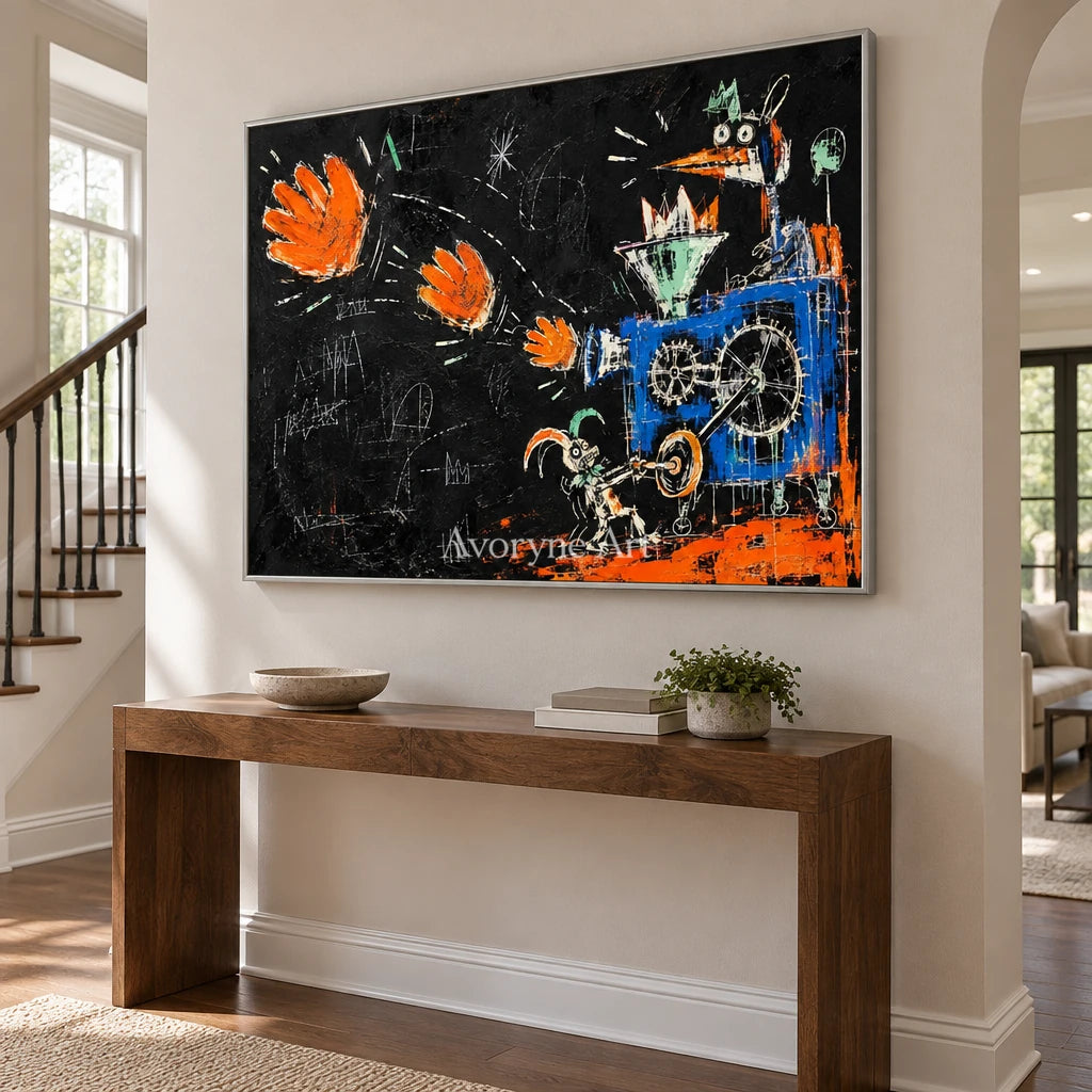Open Horizon graffiti figure wall art with a silver frame in an entryway