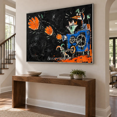 Open Horizon graffiti figure wall art with a silver frame in an entryway