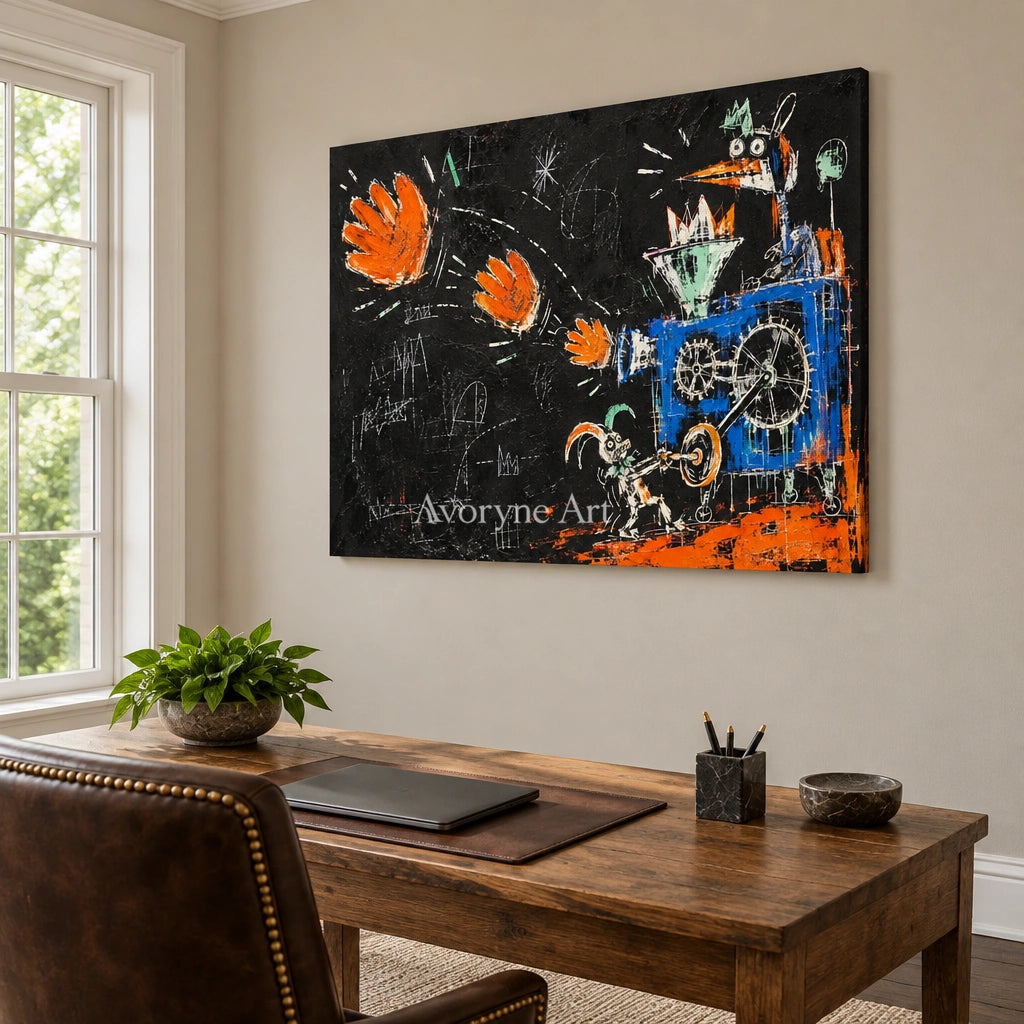 Open Horizon graffiti figure wall art as a frameless stretched canvas in a home office