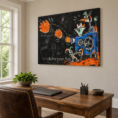 Open Horizon graffiti figure wall art as a frameless stretched canvas in a home office