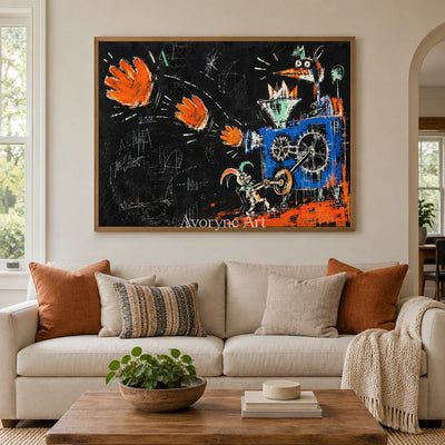Open Horizon graffiti figure wall art with a wood frame in a villa living space