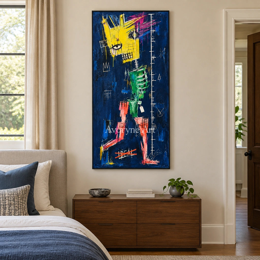 Open Gesture graffiti figure wall art with a black frame above a bed in a bedroom