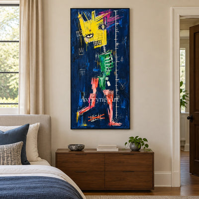 Open Gesture graffiti figure wall art with a black frame above a bed in a bedroom