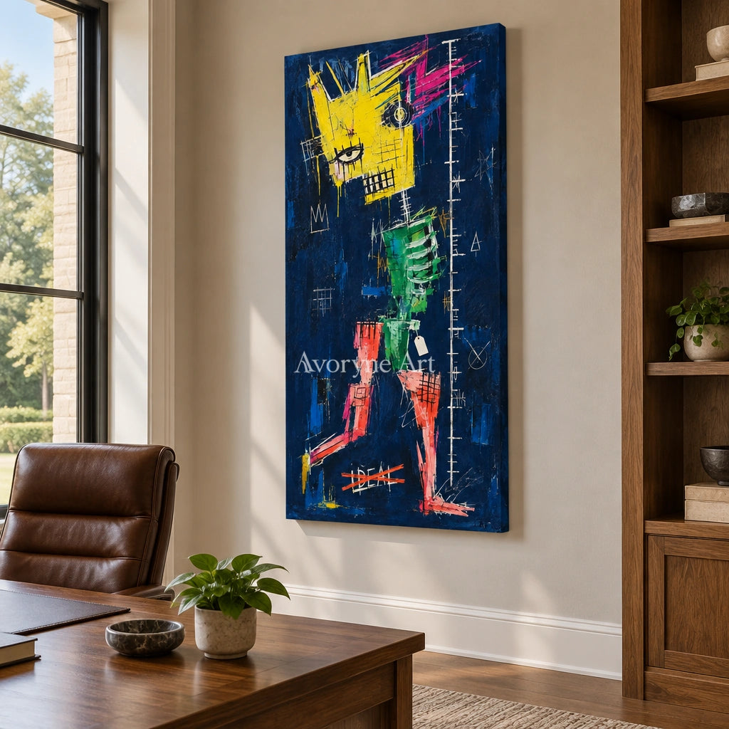 Open Gesture graffiti figure wall art as a frameless stretched canvas in a home office
