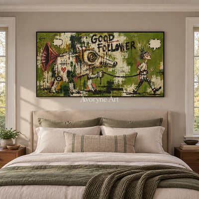 Open Memory graffiti figure wall art with a black frame above a bed in a bedroom
