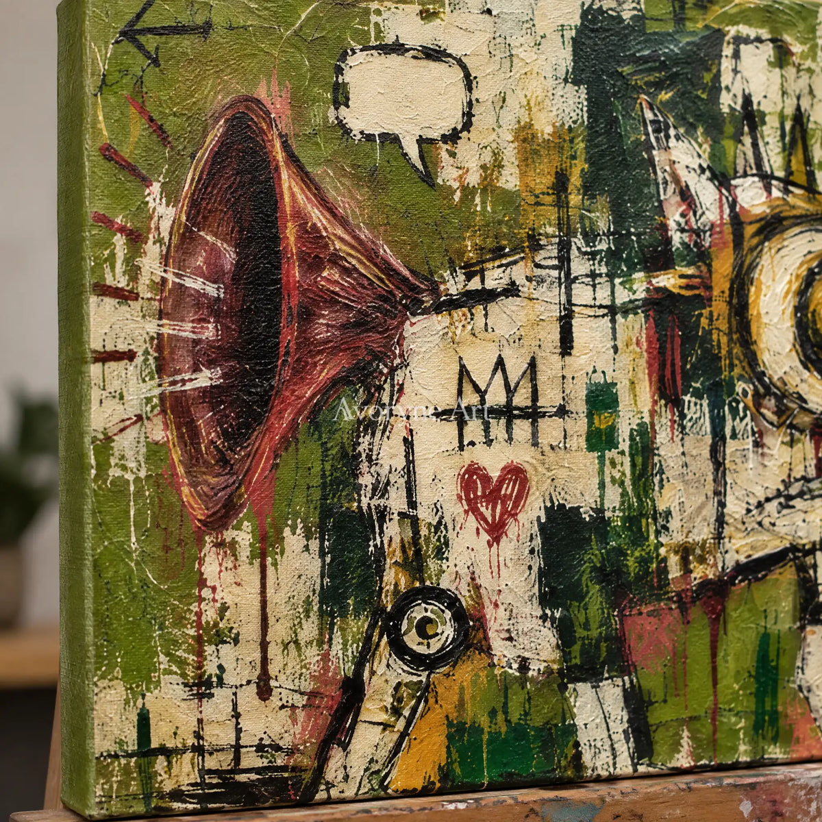 Close-up of the hand-painted texture of Open Memory graffiti figure wall art on an easel