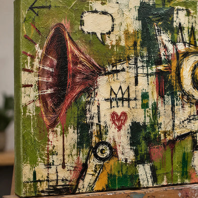 Close-up of the hand-painted texture of Open Memory graffiti figure wall art on an easel