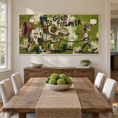 Open Memory graffiti figure wall art with a white frame in a dining room