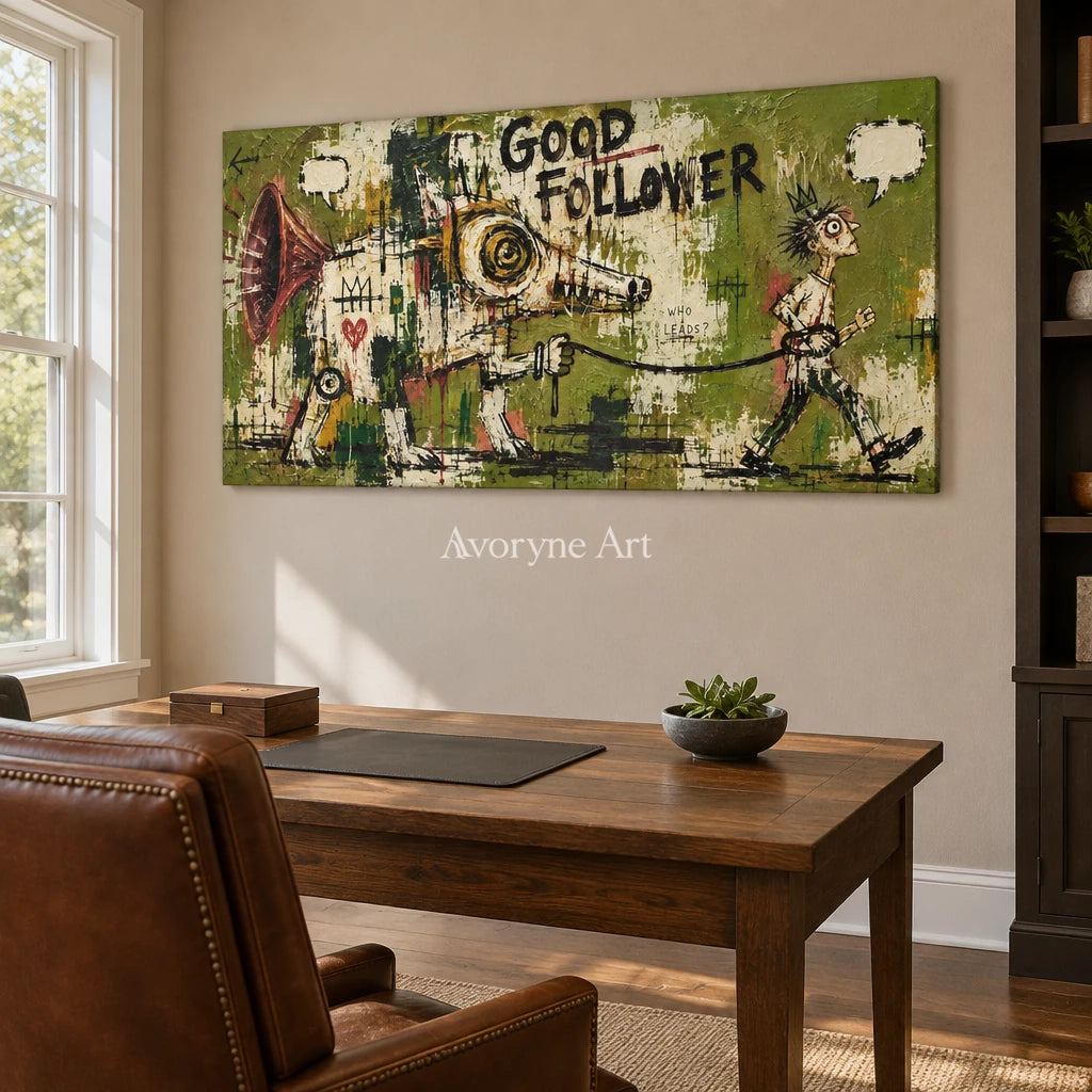 Open Memory graffiti figure wall art as a frameless stretched canvas in a home office