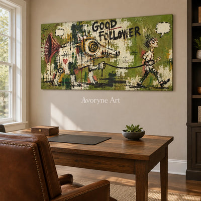 Open Memory graffiti figure wall art as a frameless stretched canvas in a home office