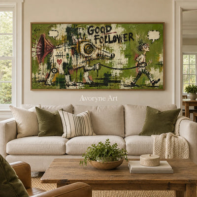 Open Memory graffiti figure wall art with a wood frame in a villa living space