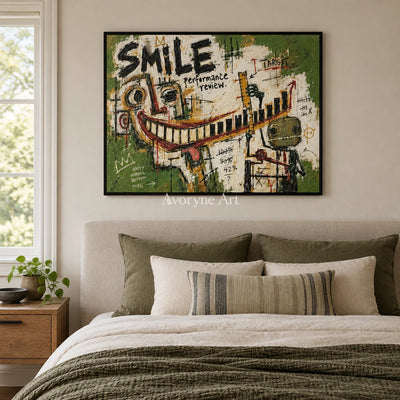Open Prelude graffiti figure wall art with a black frame above a bed in a bedroom