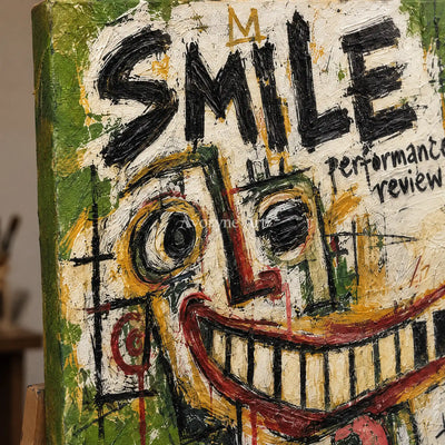 Close-up of the hand-painted texture of Open Prelude graffiti figure wall art on an easel