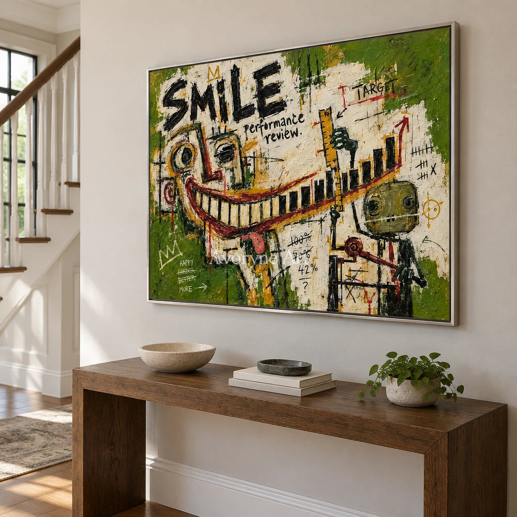 Open Prelude graffiti figure wall art with a silver frame in an entryway