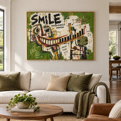 Open Prelude graffiti figure wall art with a gold frame hanging in a living room