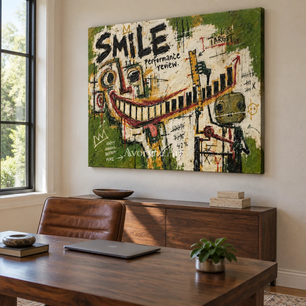 Open Prelude graffiti figure wall art as a frameless stretched canvas in a home office