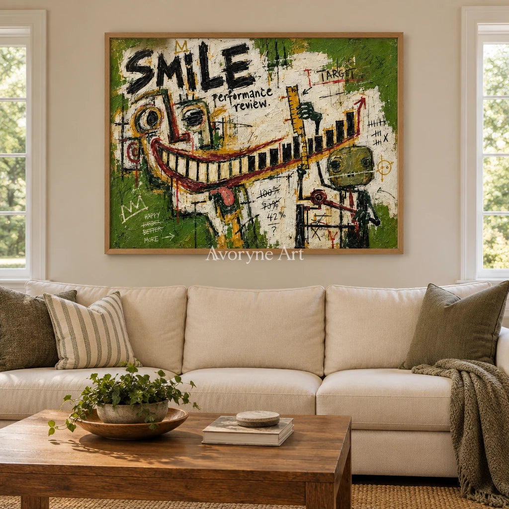 Open Prelude graffiti figure wall art with a wood frame in a villa living space