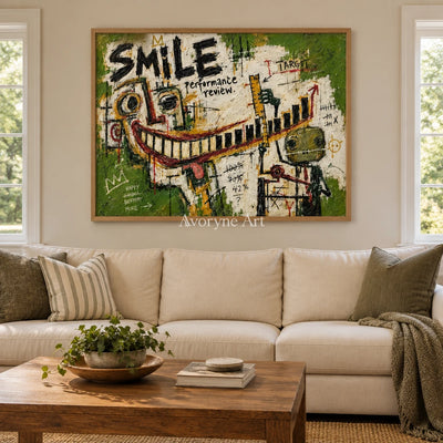 Open Prelude graffiti figure wall art with a wood frame in a villa living space