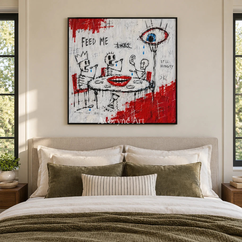 Open Story graffiti figure wall art with a black frame above a bed in a bedroom