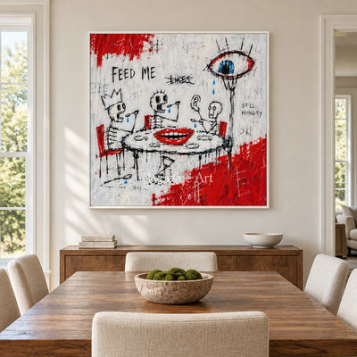 Open Story graffiti figure wall art with a white frame in a dining room