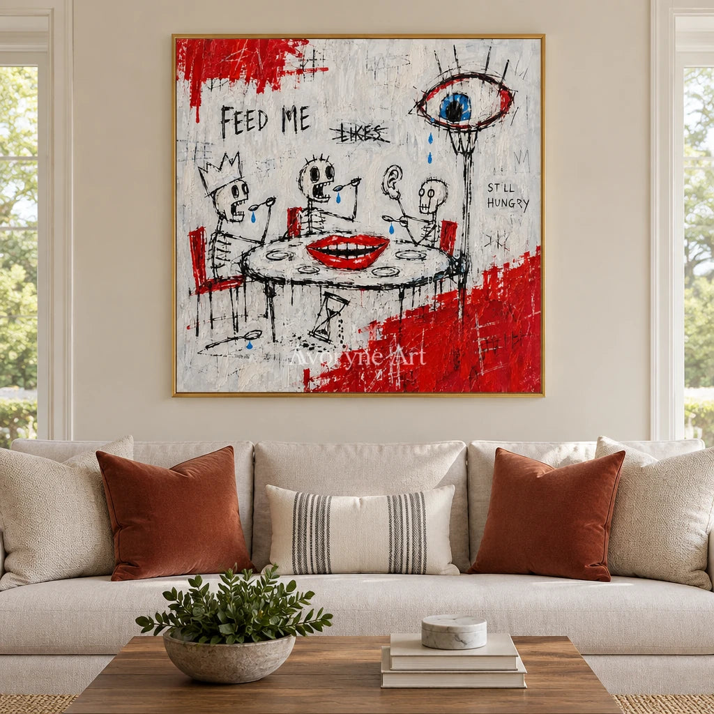 Open Story graffiti figure wall art with a gold frame hanging in a living room
