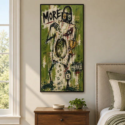 Open Vista graffiti figure wall art with a black frame above a bed in a bedroom