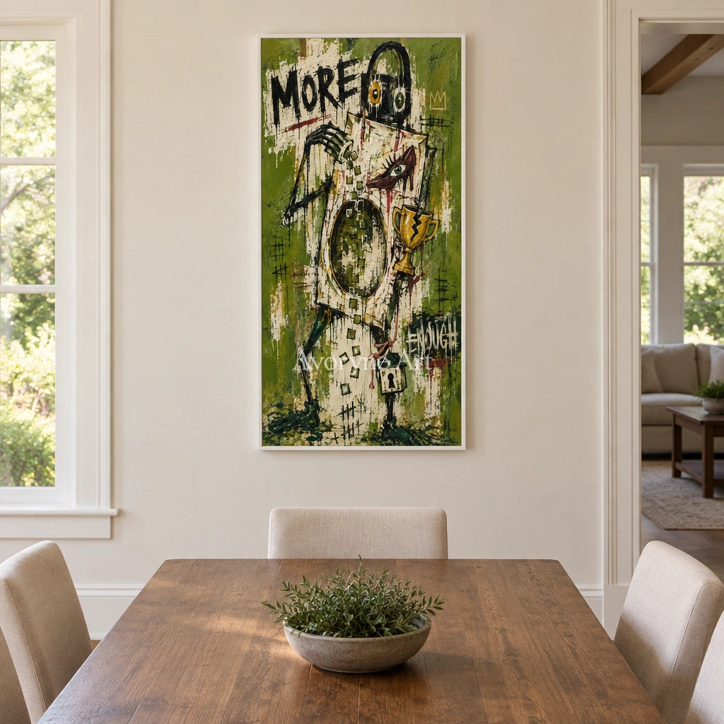 Open Vista graffiti figure wall art with a white frame in a dining room