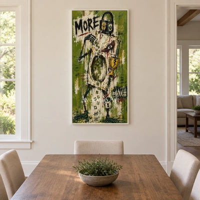 Open Vista graffiti figure wall art with a white frame in a dining room