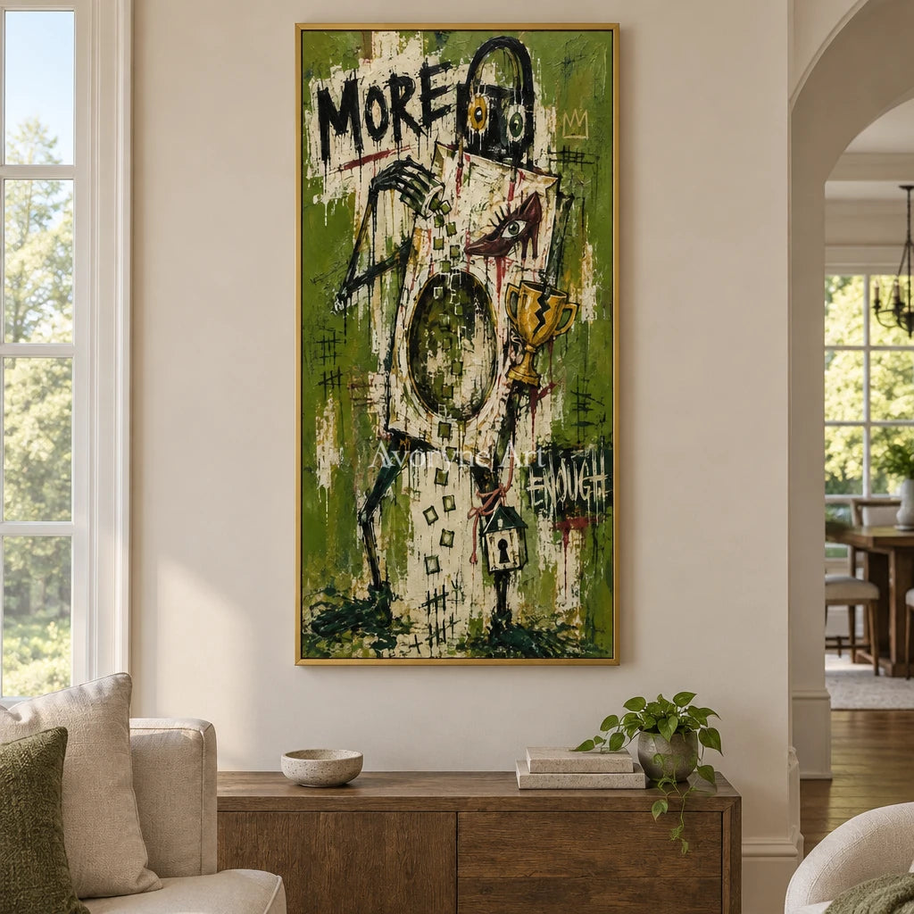 Open Vista graffiti figure wall art with a gold frame hanging in a living room