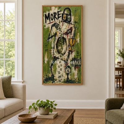Open Vista graffiti figure wall art with a wood frame in a villa living space