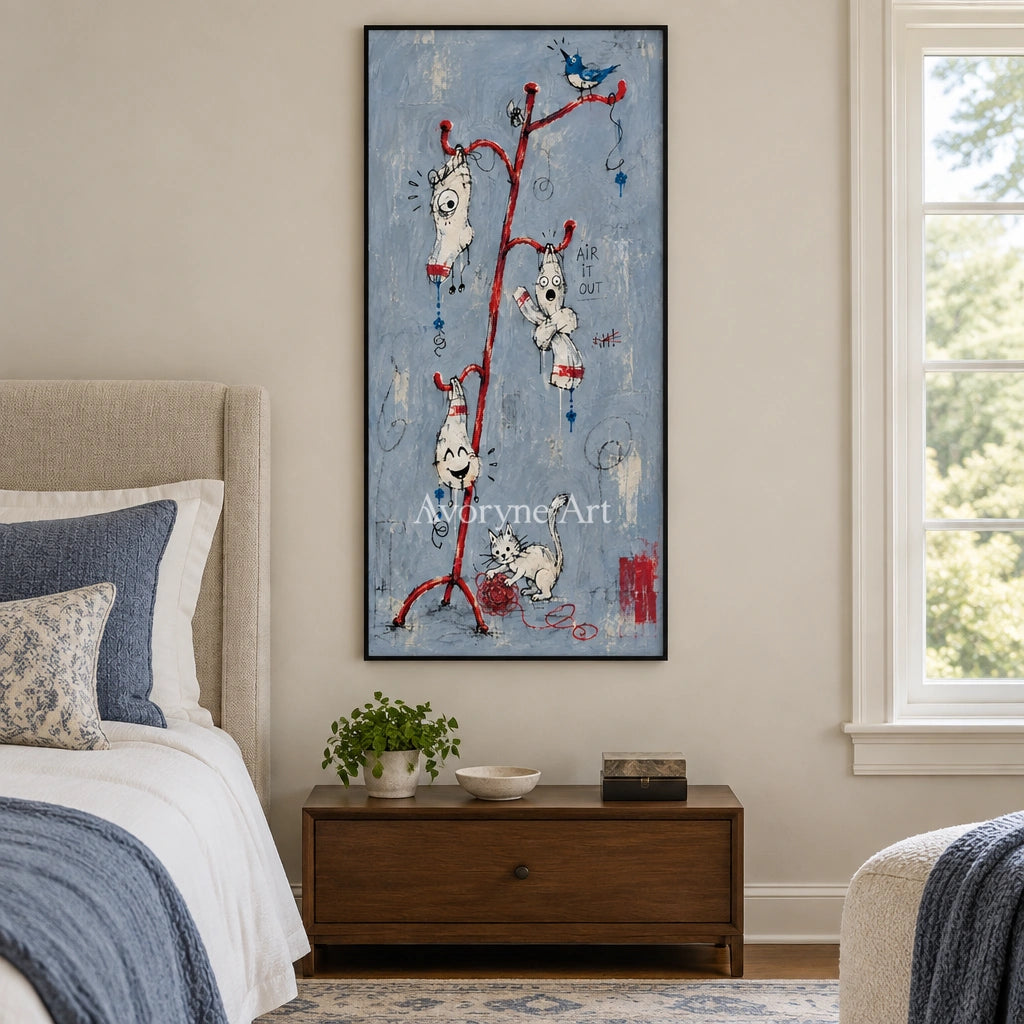 Open Current graffiti figure wall art with a black frame above a bed in a bedroom