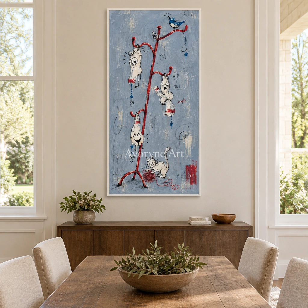 Open Current graffiti figure wall art with a white frame in a dining room