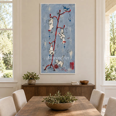 Open Current graffiti figure wall art with a white frame in a dining room