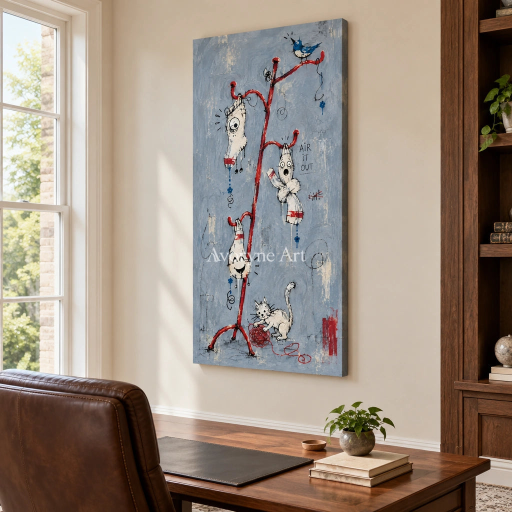 Open Current graffiti figure wall art as a frameless stretched canvas in a home office