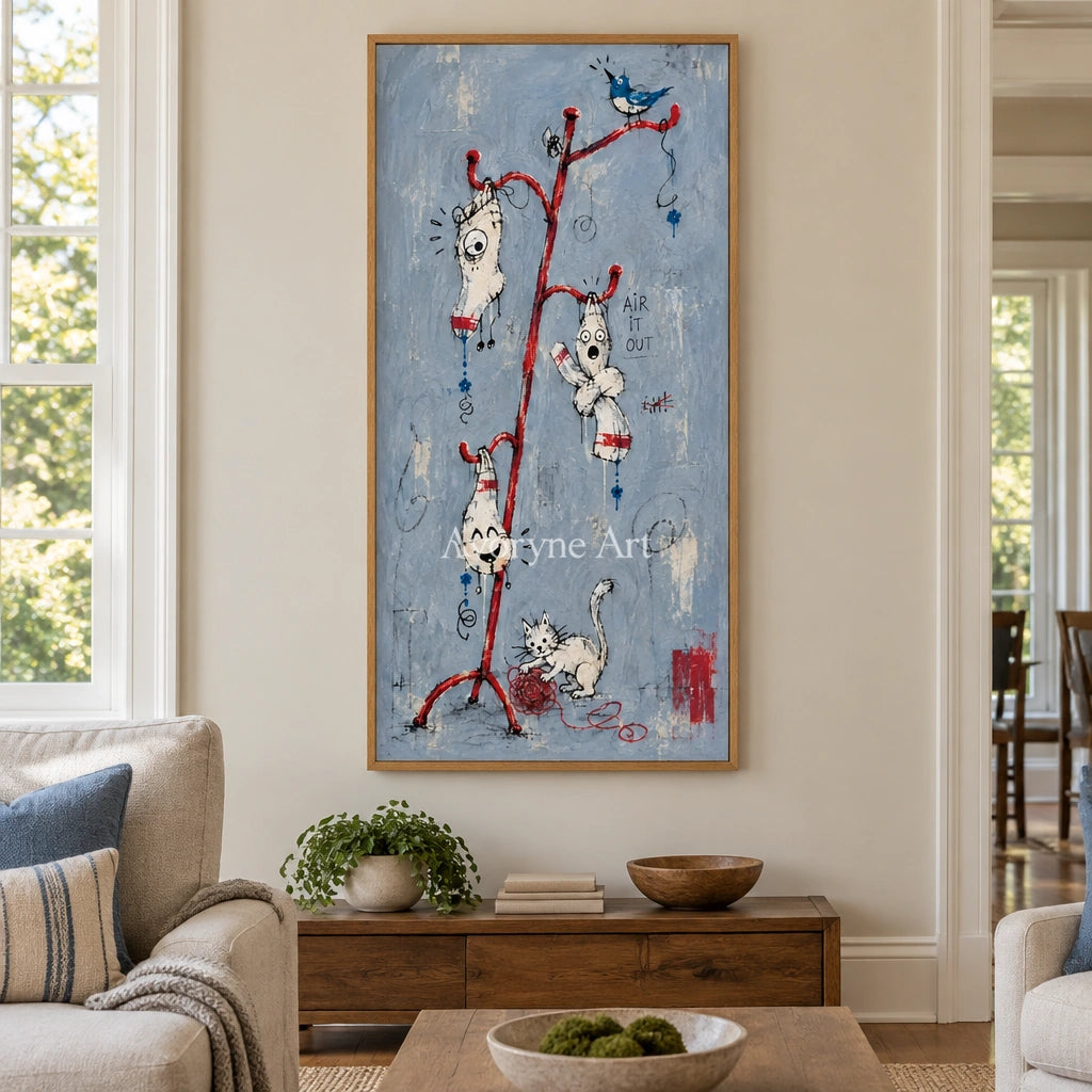 Open Current graffiti figure wall art with a wood frame in a villa living space