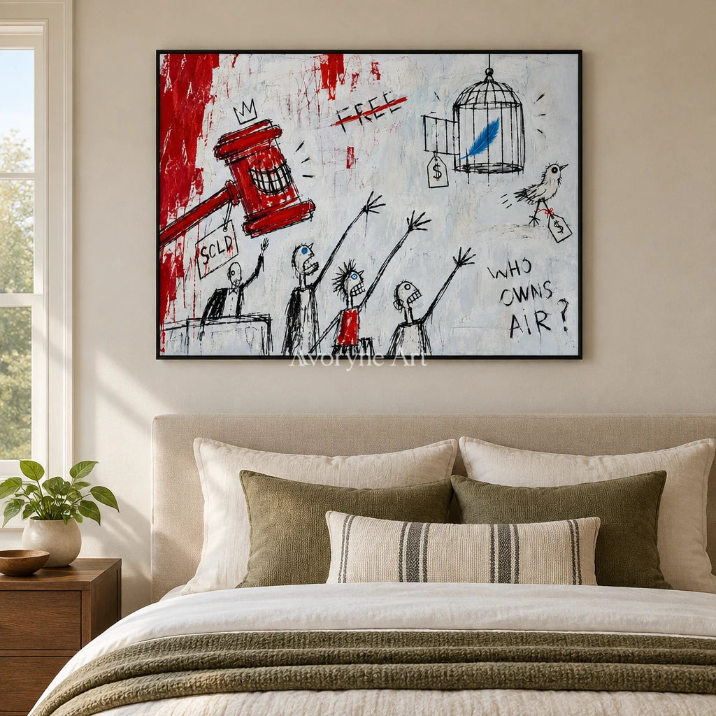 Open Solace graffiti figure wall art with a black frame above a bed in a bedroom