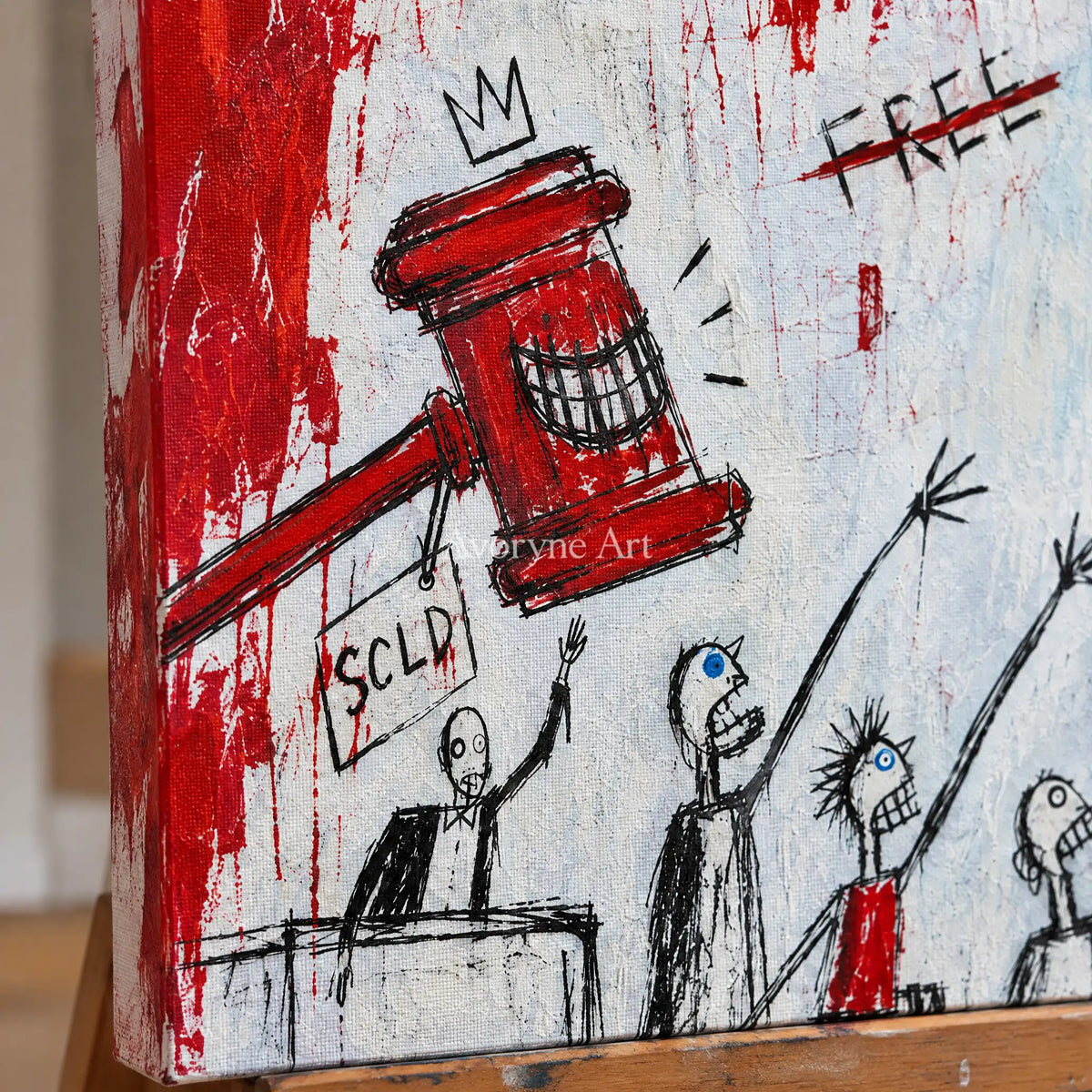 Close-up of the hand-painted texture of Open Solace graffiti figure wall art on an easel