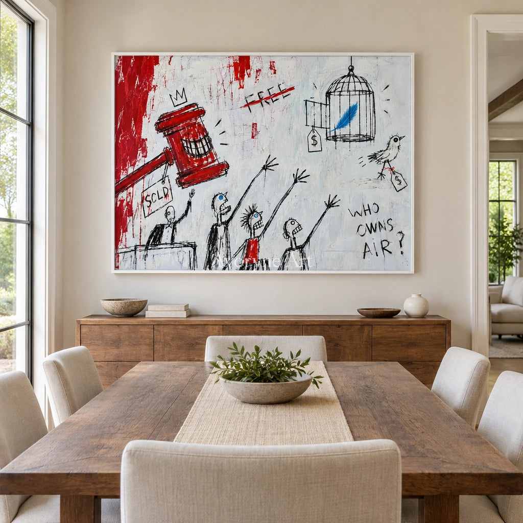 Open Solace graffiti figure wall art with a white frame in a dining room