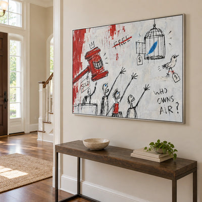 Open Solace graffiti figure wall art with a silver frame in an entryway