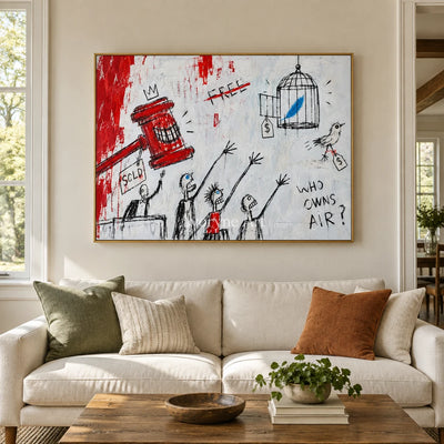 Open Solace graffiti figure wall art with a gold frame hanging in a living room