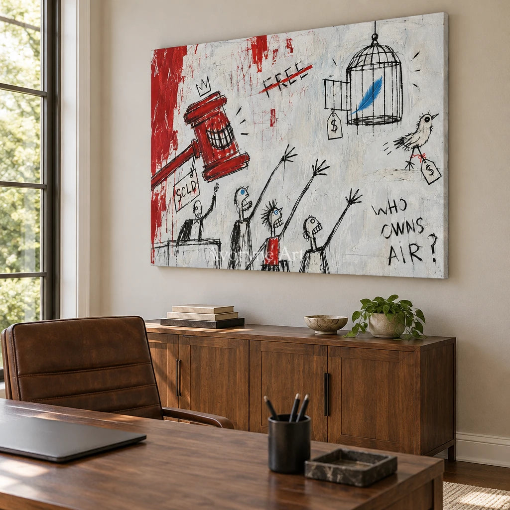 Open Solace graffiti figure wall art as a frameless stretched canvas in a home office