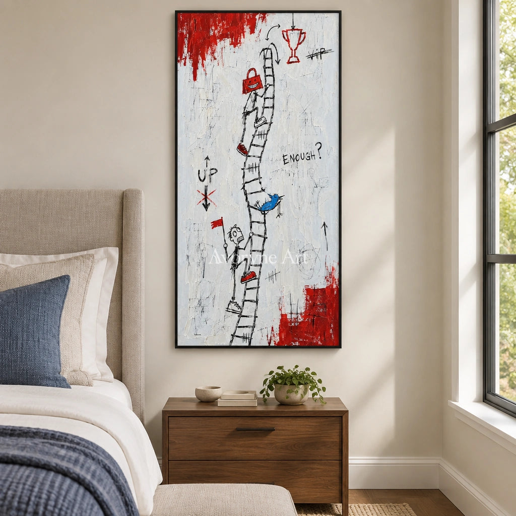 Open Reverberation graffiti figure wall art with a black frame above a bed in a bedroom