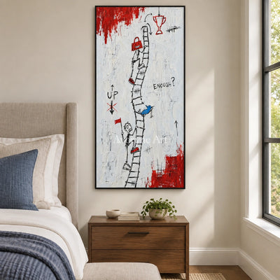 Open Reverberation graffiti figure wall art with a black frame above a bed in a bedroom