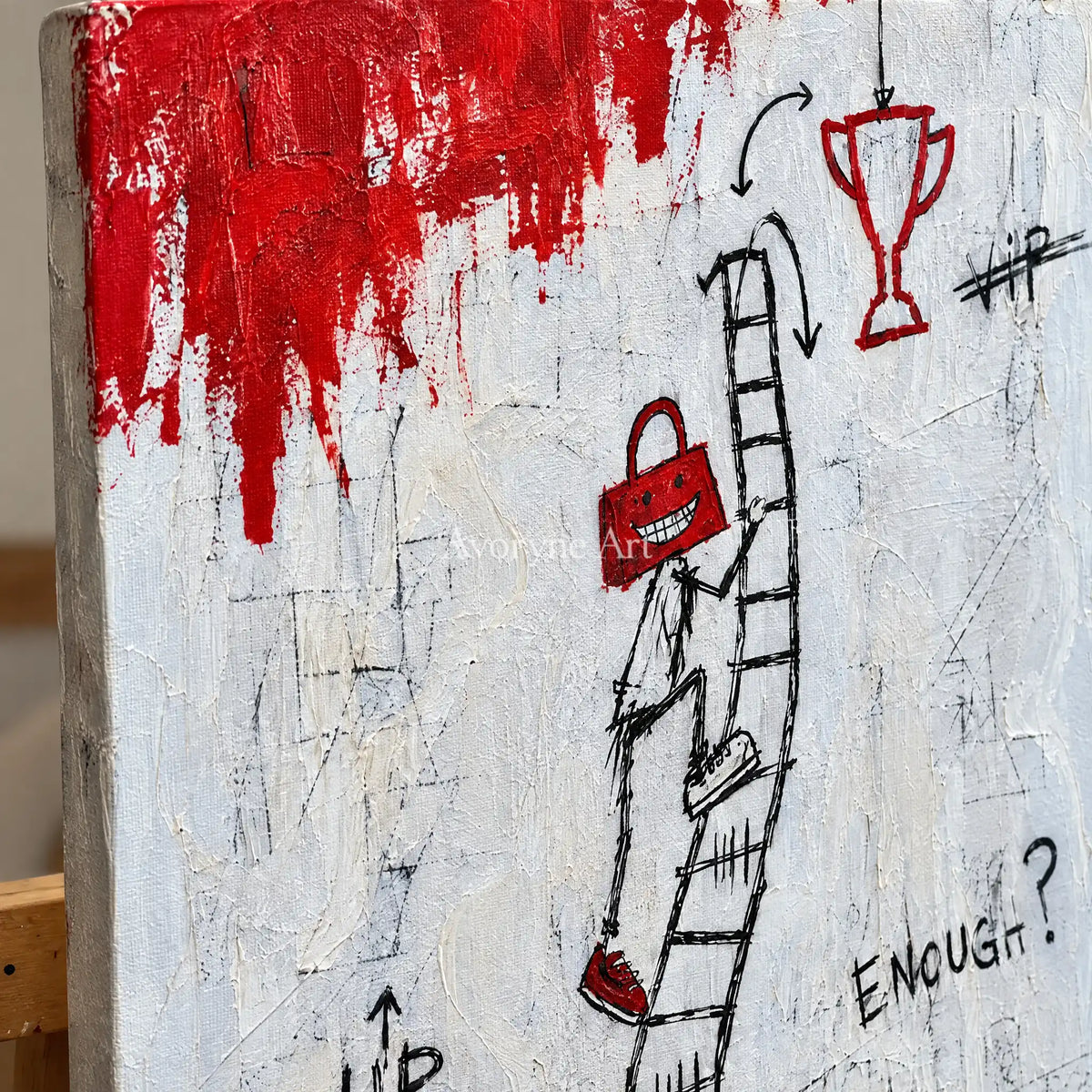 Close-up of the hand-painted texture of Open Reverberation graffiti figure wall art on an easel