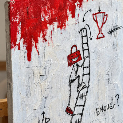 Close-up of the hand-painted texture of Open Reverberation graffiti figure wall art on an easel