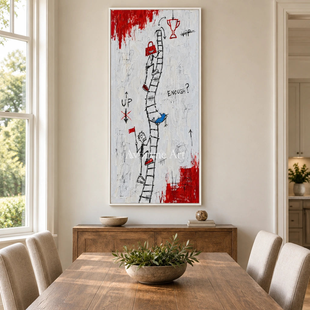 Open Reverberation graffiti figure wall art with a white frame in a dining room