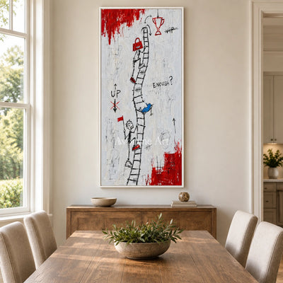 Open Reverberation graffiti figure wall art with a white frame in a dining room