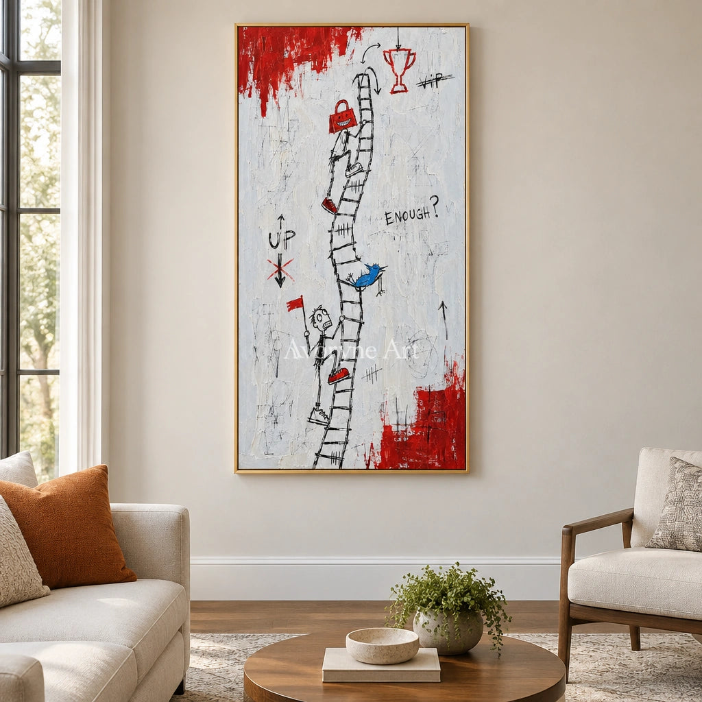 Open Reverberation graffiti figure wall art with a gold frame hanging in a living room