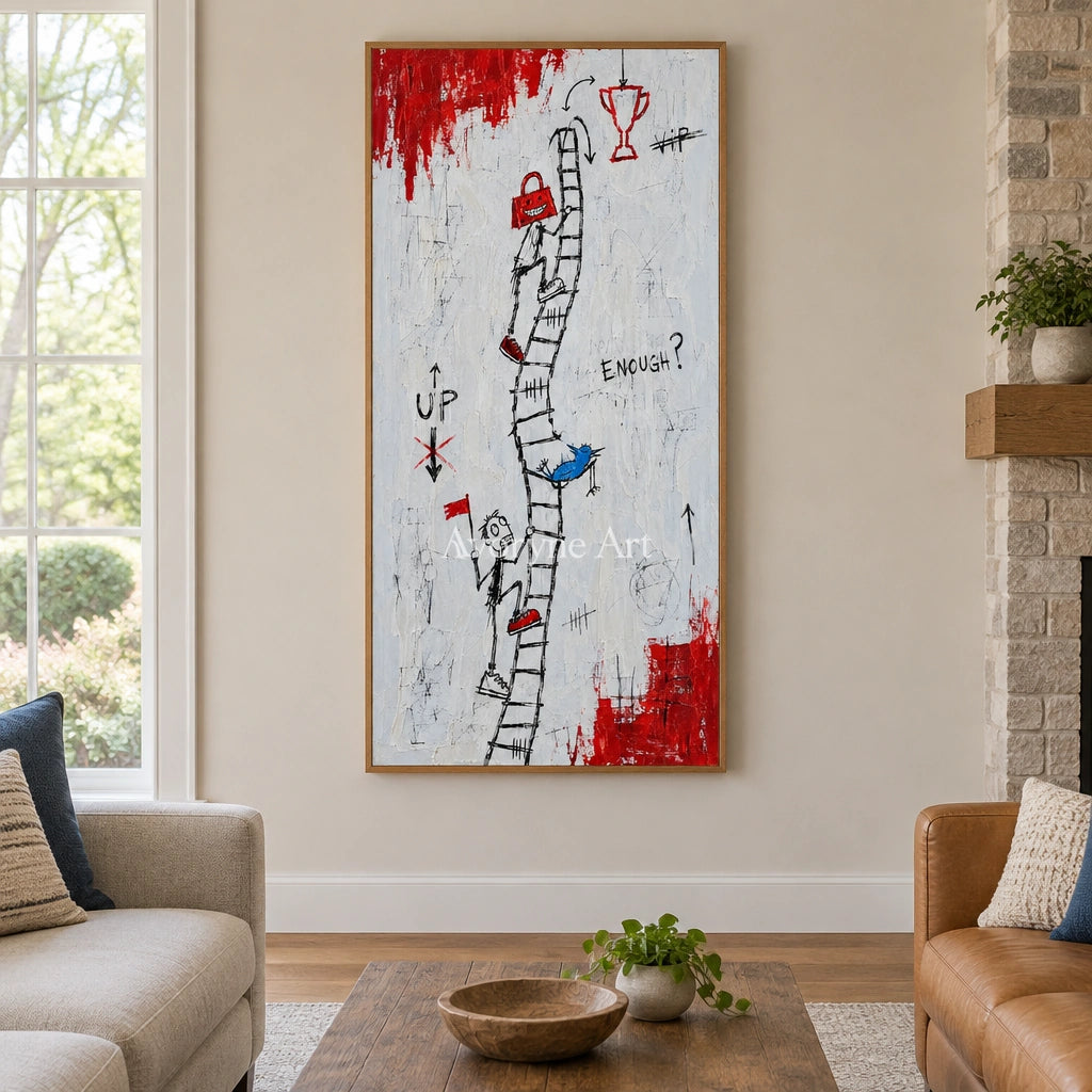 Open Reverberation graffiti figure wall art with a wood frame in a villa living space